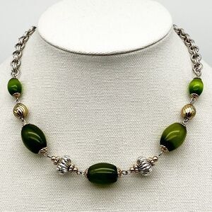Vintage Green Glass Bead Silver Tone Double Rope Chain  Textured 17” Necklace